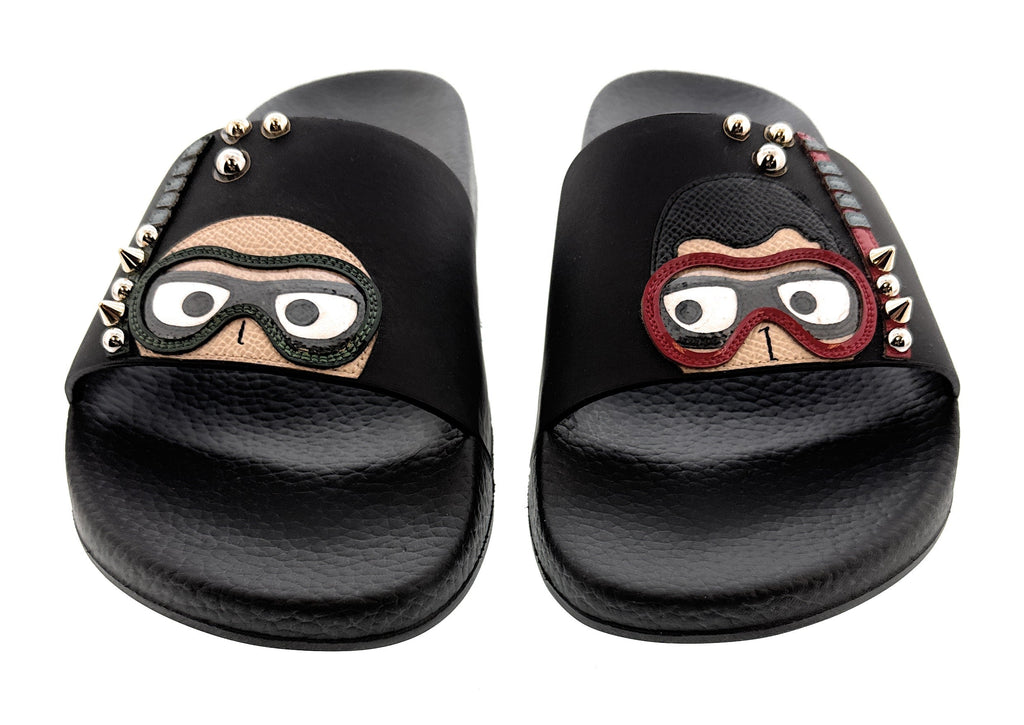 Dolce & Gabbana Black Cartoon-Detail Slides with Stud Embellishments -EU38