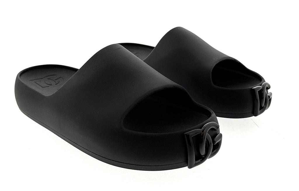 Dolce & Gabbana Matte Black DG Logo Embossed Slides -EU35
