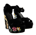 Dolce & Gabbana Floral Embellished Black Velvet Platform Sandals -EU35