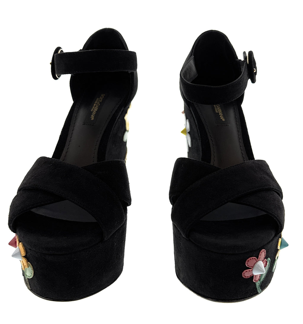 Dolce & Gabbana Floral Embellished Black Velvet Platform Sandals -EU35