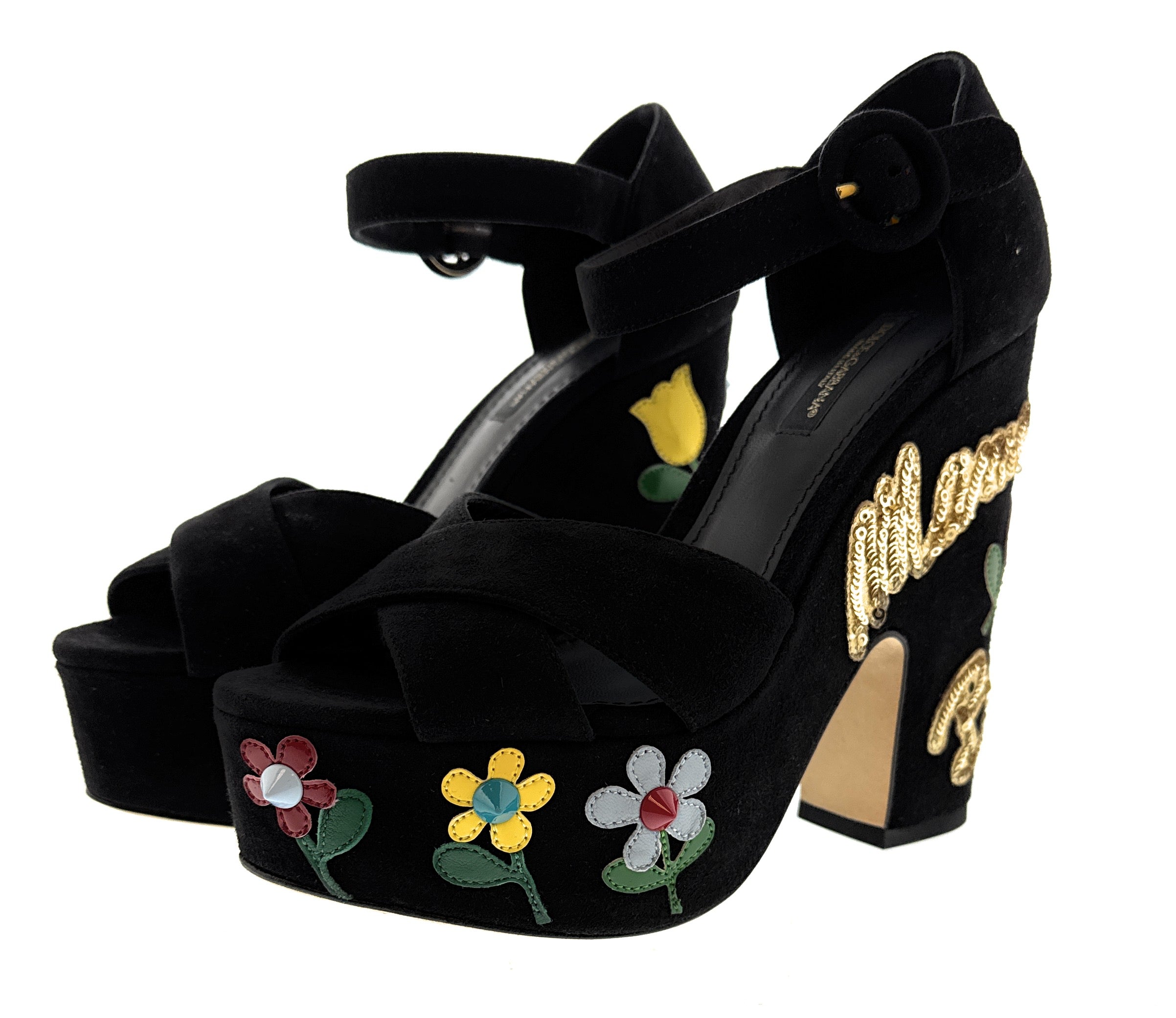 Dolce & Gabbana Floral Embellished Black Velvet Platform Sandals -EU35