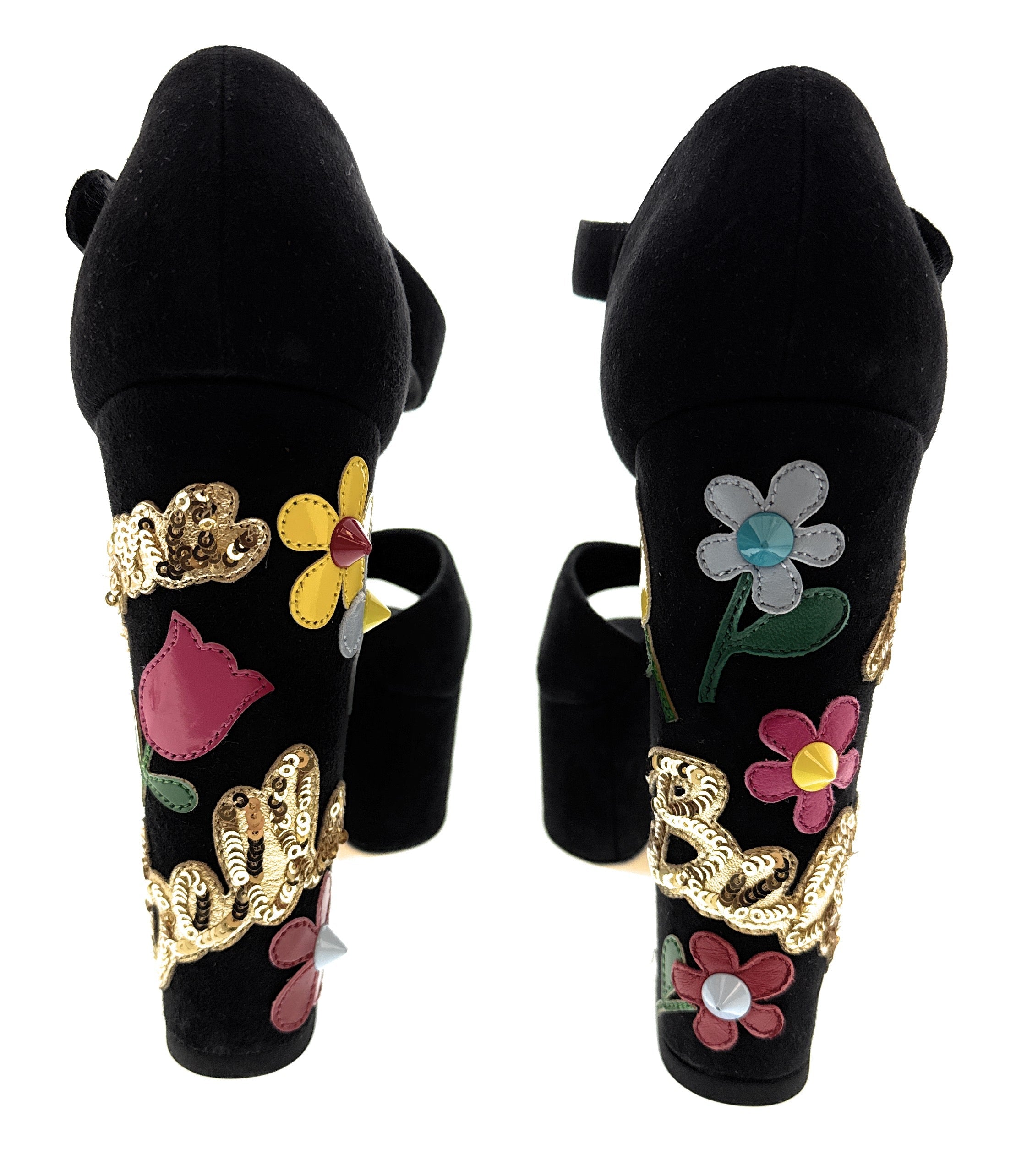 Dolce & Gabbana Floral Embellished Black Velvet Platform Sandals -EU35