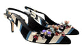 Dolce & Gabbana Striped Slingback Heels with Crystal Floral Embellishment -EU41