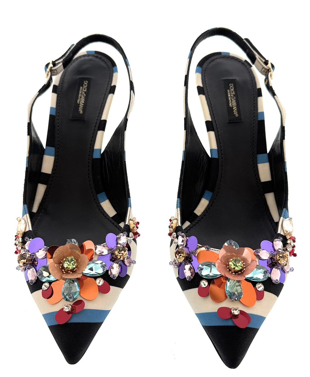 Dolce & Gabbana Striped Slingback Heels with Crystal Floral Embellishment -EU41