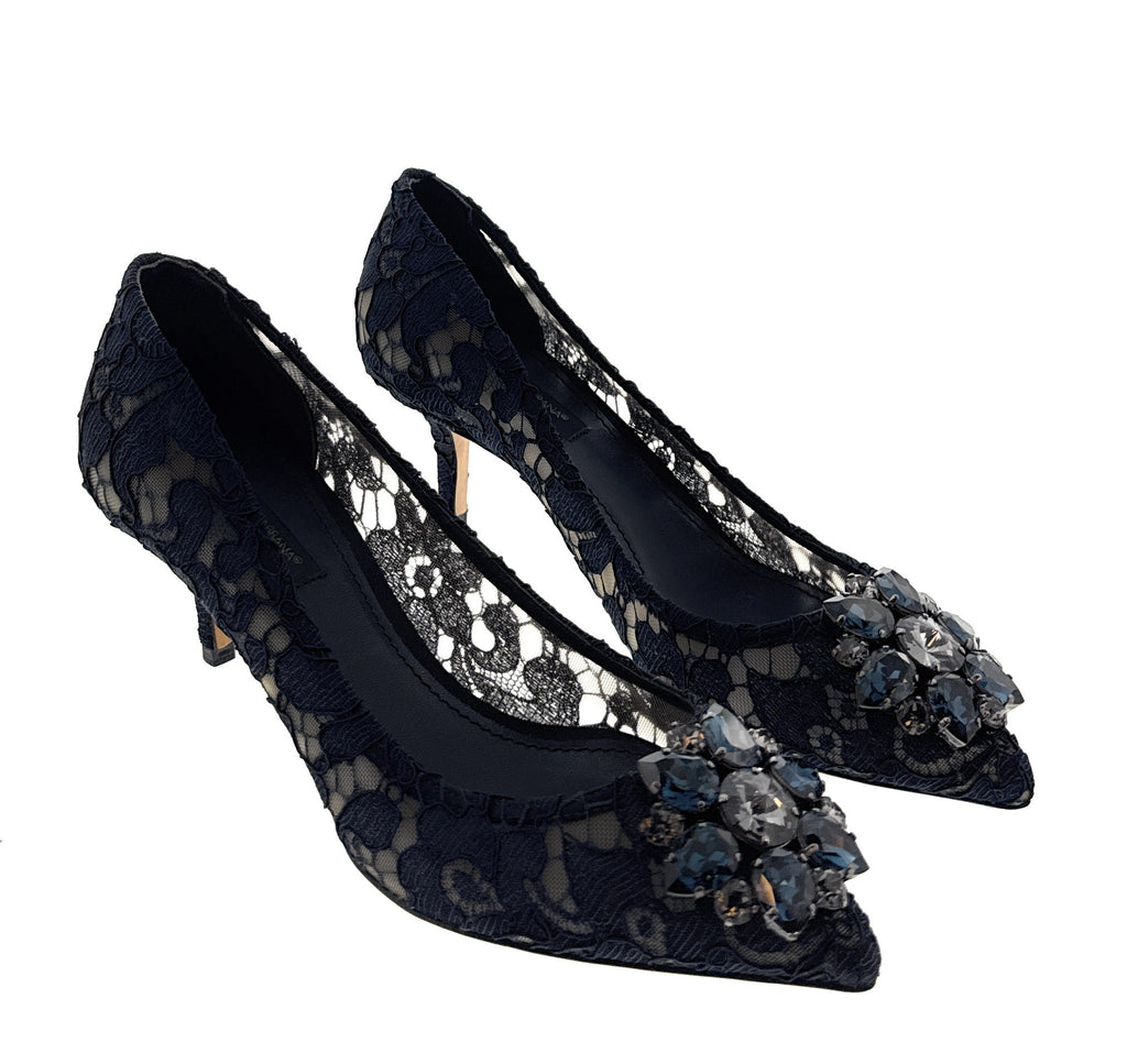 Dolce & Gabbana Navy Floral Lace  Kitten Heels-EU36