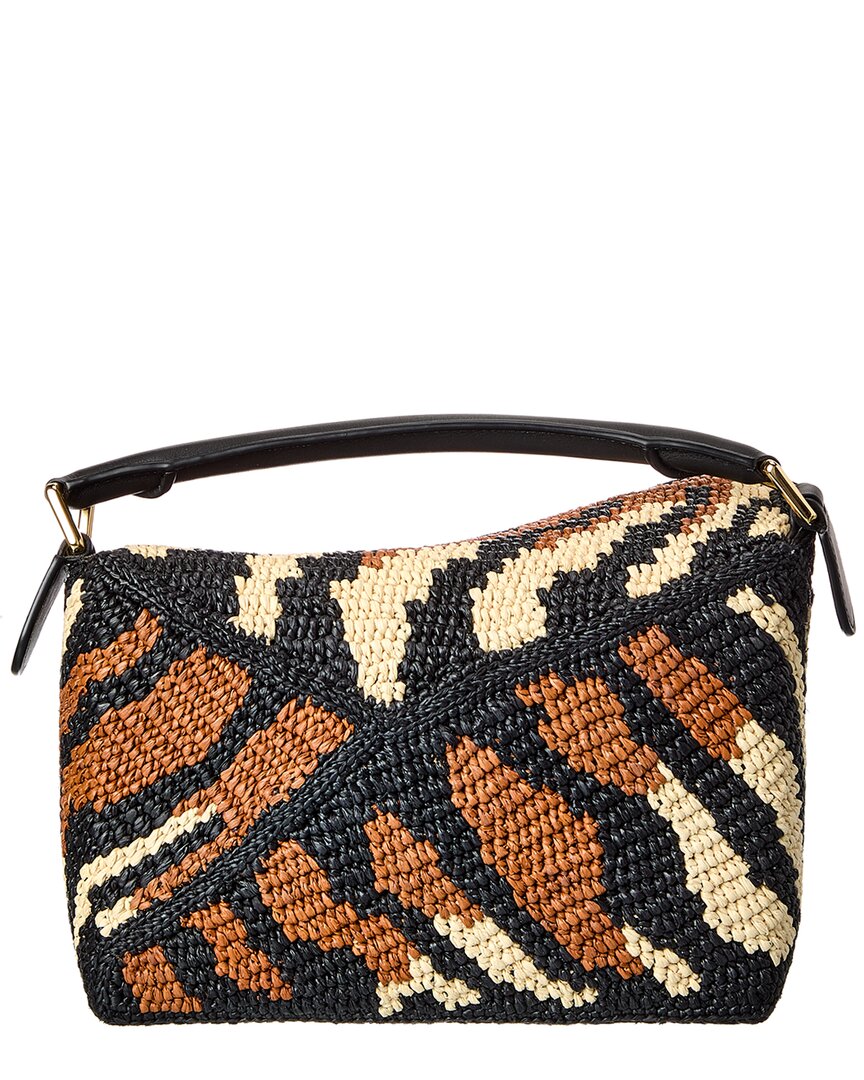 Loewe Puzzle Edge Small Raffia & Leather Shoulder Bag