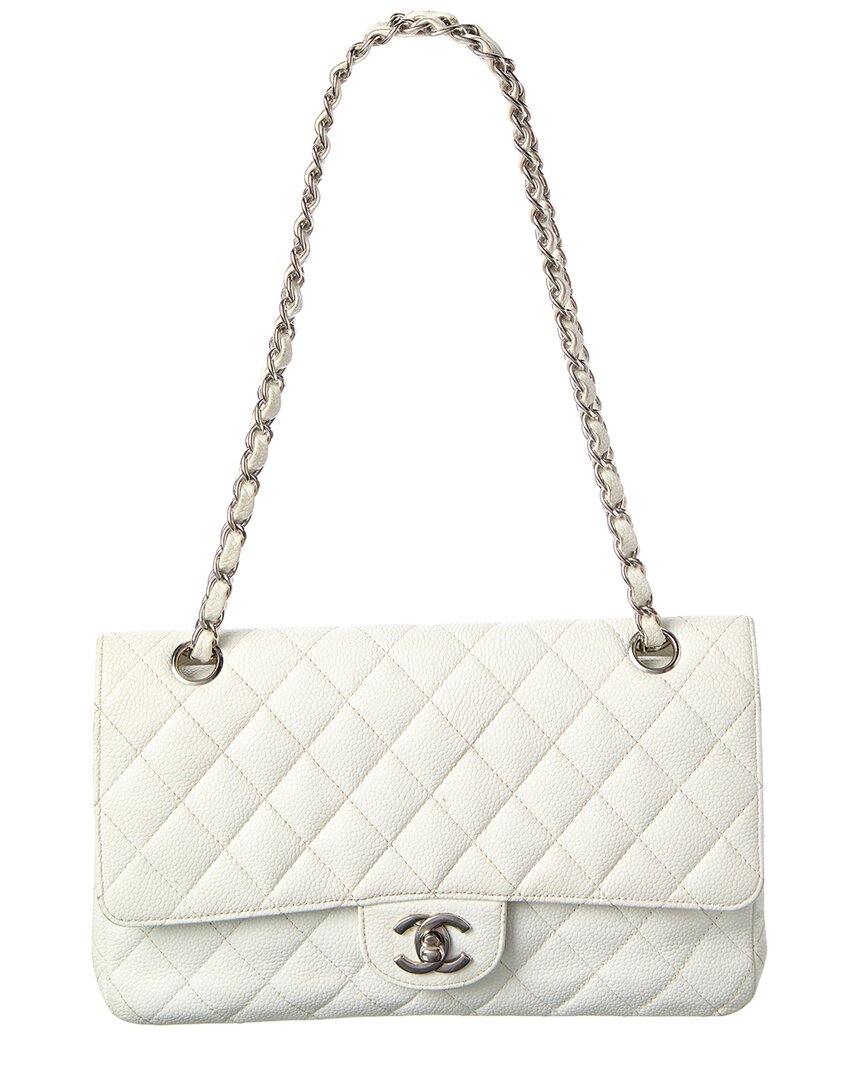 Chanel White Caviar Leather Classic Double Flap Shw Medium (  Pre-