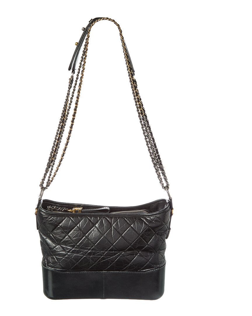 Chanel Black Smooth Calfskin Leather Aged Smooth Quilted Medium Gabrielle Logo