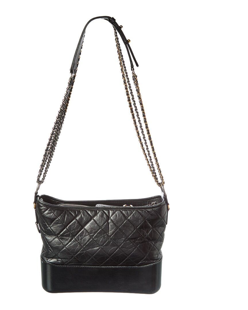Chanel Black Smooth Calfskin Leather Aged Smooth Quilted Medium Gabrielle Logo