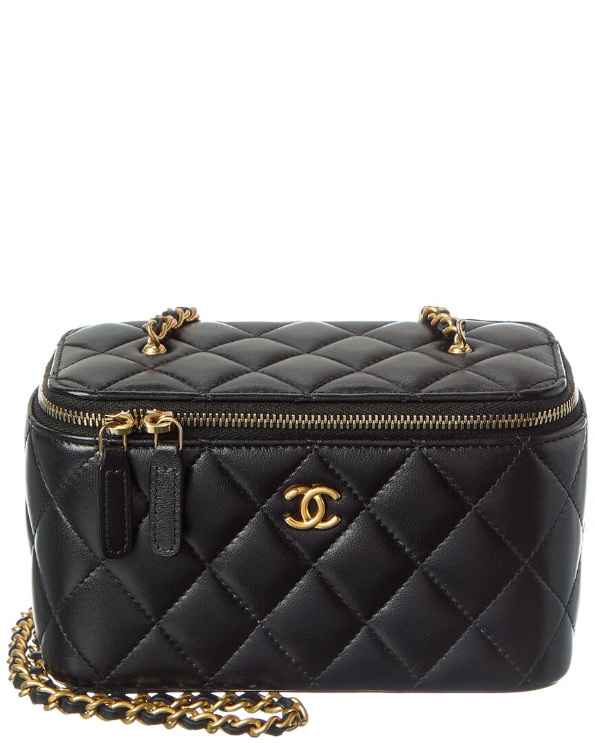 Chanel Black Lambskin Leather Quilted Pearl Crush Small Vanity Case With Chain