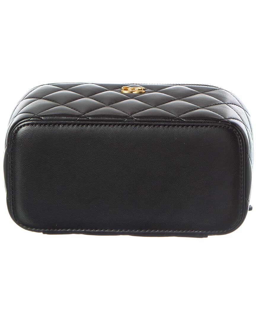 Chanel Black Lambskin Leather Quilted Pearl Crush Small Vanity Case With Chain