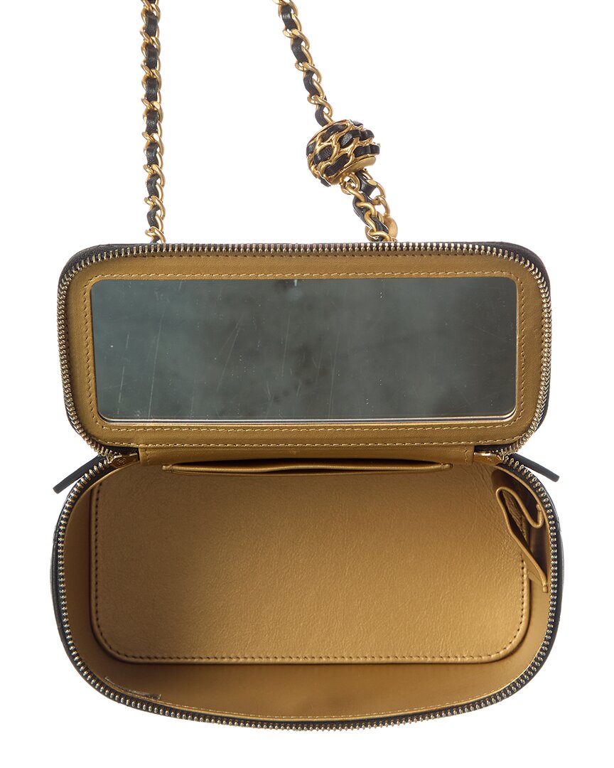 Chanel Black Lambskin Leather Quilted Pearl Crush Small Vanity Case With Chain