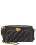 Chanel Black Lambskin Leather Quilted Small Boy Clutch With Chain (