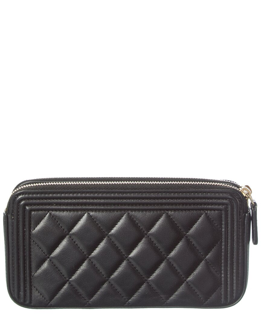 Chanel Black Lambskin Leather Quilted Small Boy Clutch With Chain (