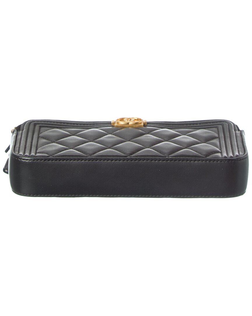 Chanel Black Lambskin Leather Quilted Small Boy Clutch With Chain (