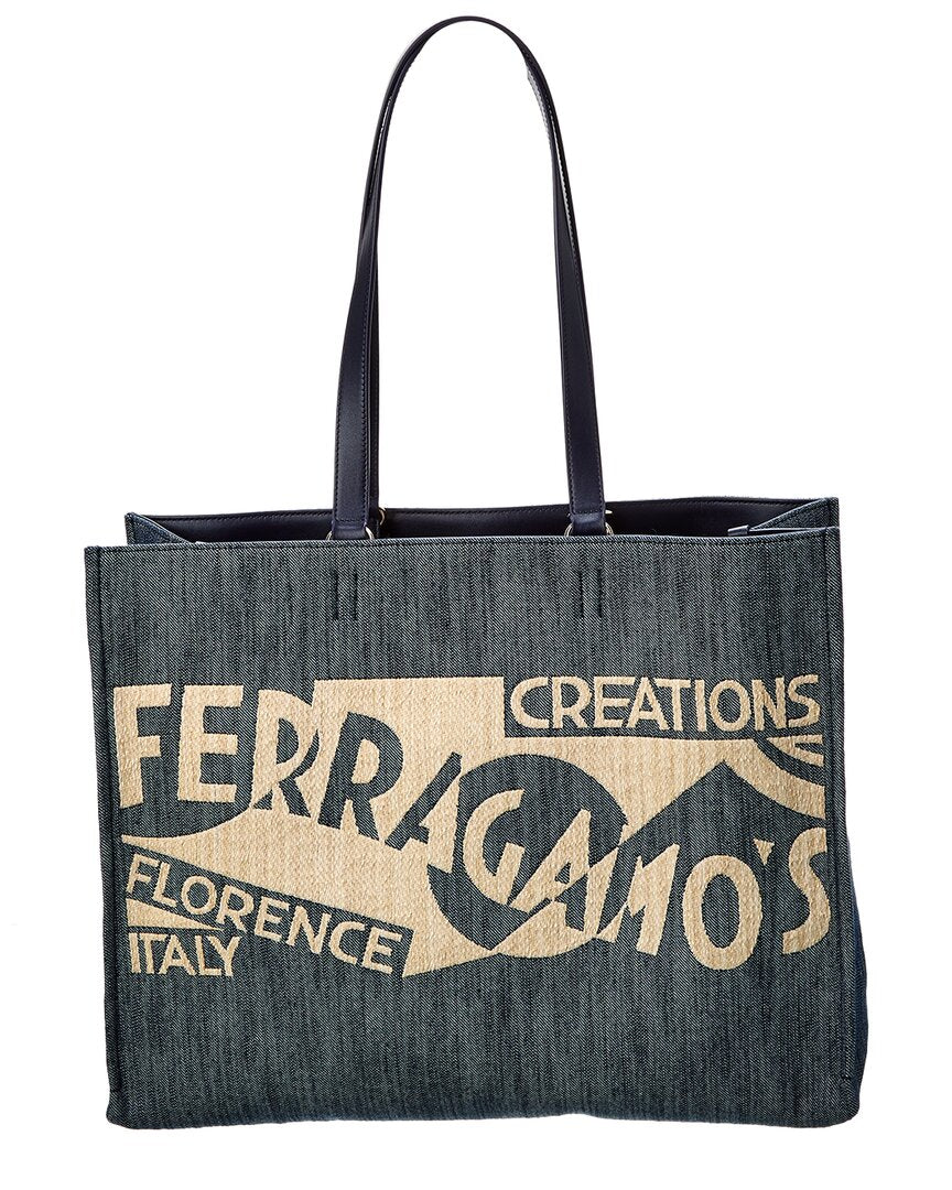 Ferragamo Logo Large Denim & Leather Tote Blue ONE SIZE