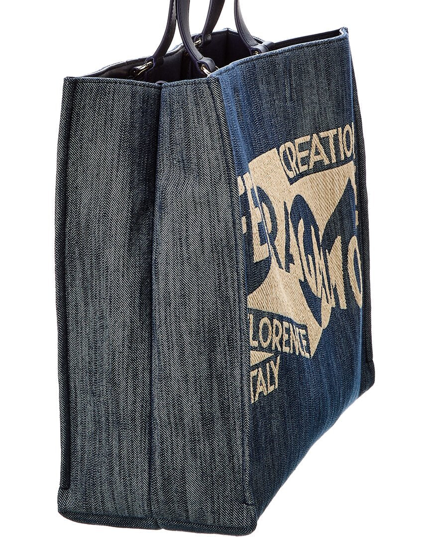 Ferragamo Logo Large Denim & Leather Tote