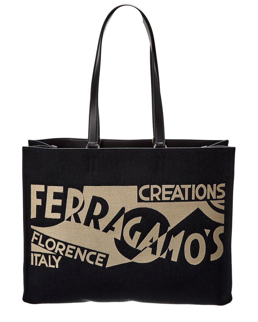 Ferragamo Logo Large Leather-Trim Tote Black ONE SIZE