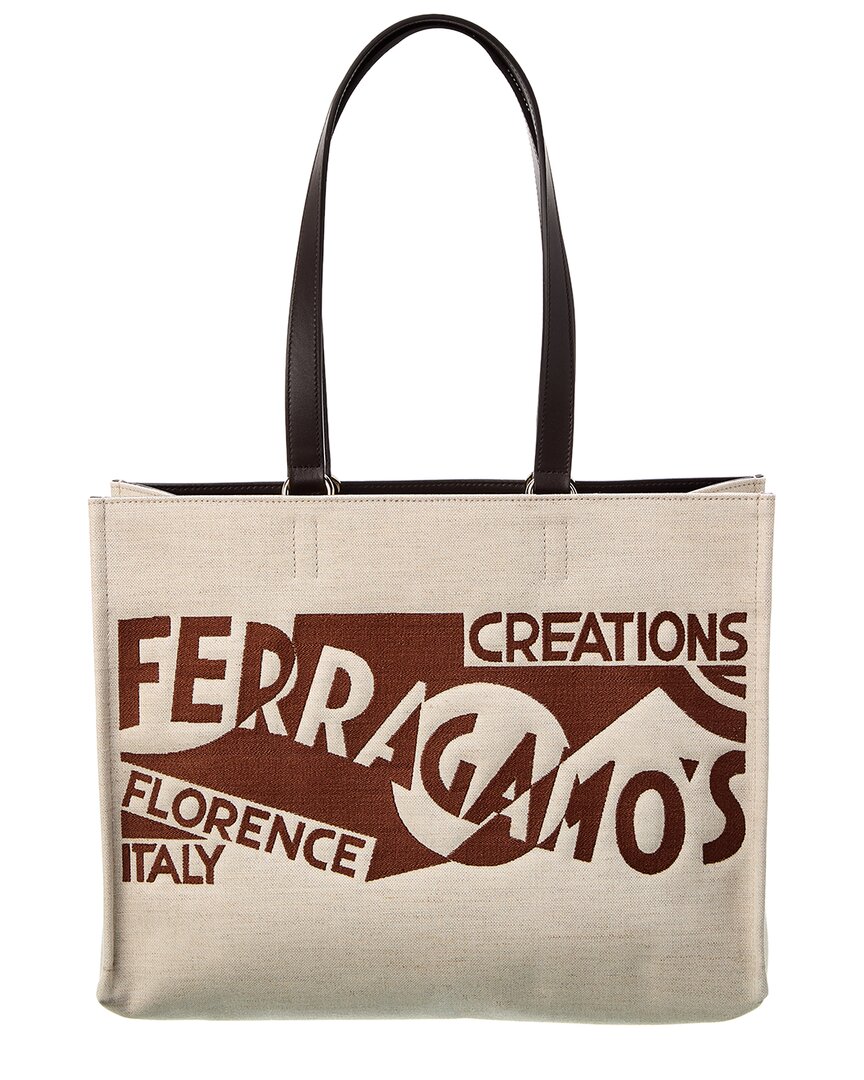 Ferragamo Logo Medium Canvas & Leather Tote Brown Multi ONE SIZE