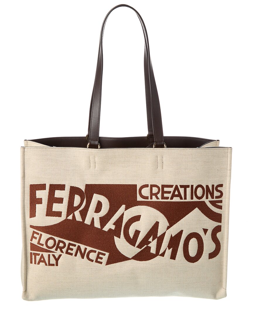 Ferragamo Logo Large Leather-Trim Tote Beige ONE SIZE