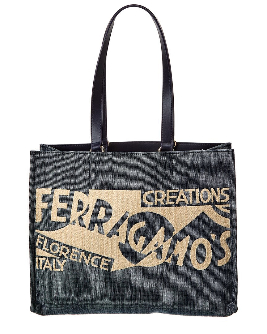 Ferragamo Logo Medium Denim & Leather Tote Blue ONE SIZE