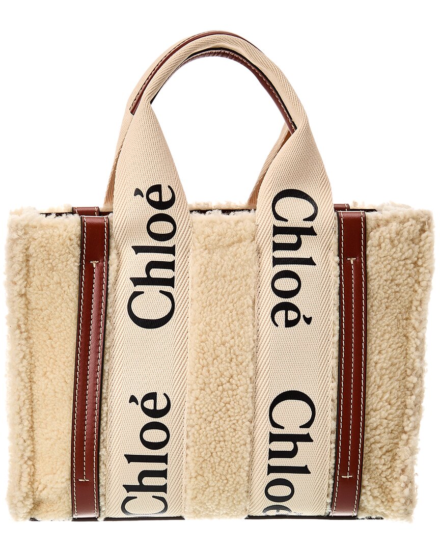 Chloé Woody Small Shearling & Leather Tote (   ) Beige ONE SIZE