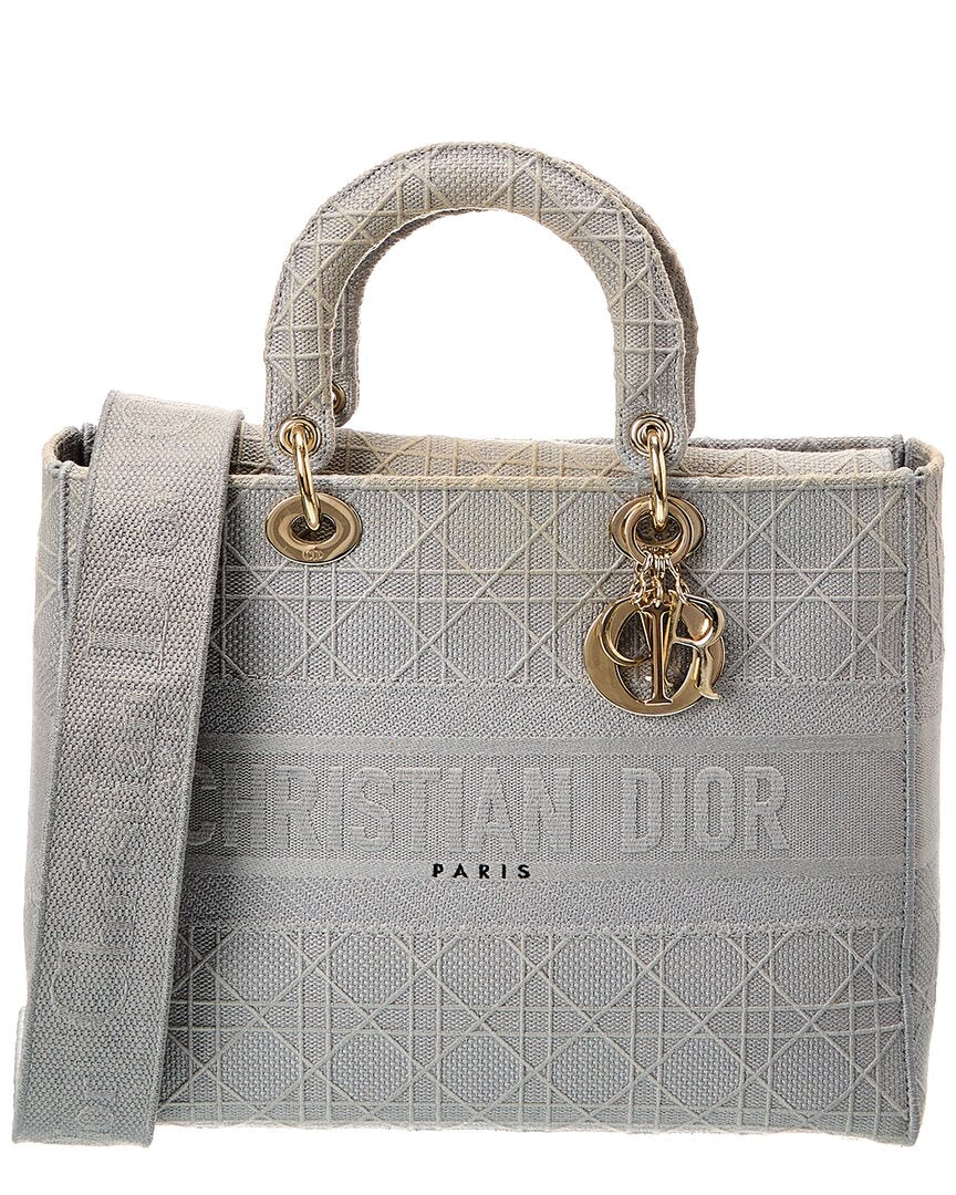 Dior Gray Canvas Embroidered Cannage Leather Lady D-Lite (Authentic  )