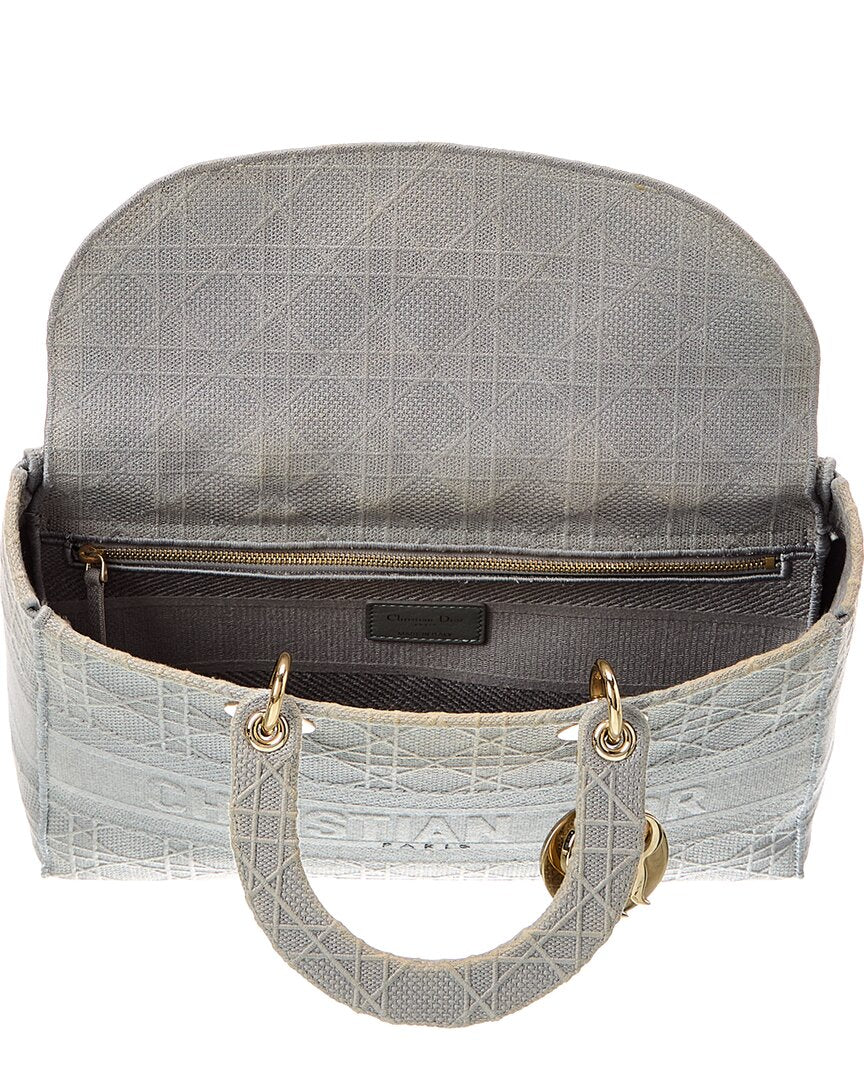 Dior Gray Canvas Embroidered Cannage Leather Lady D-Lite (Authentic  )