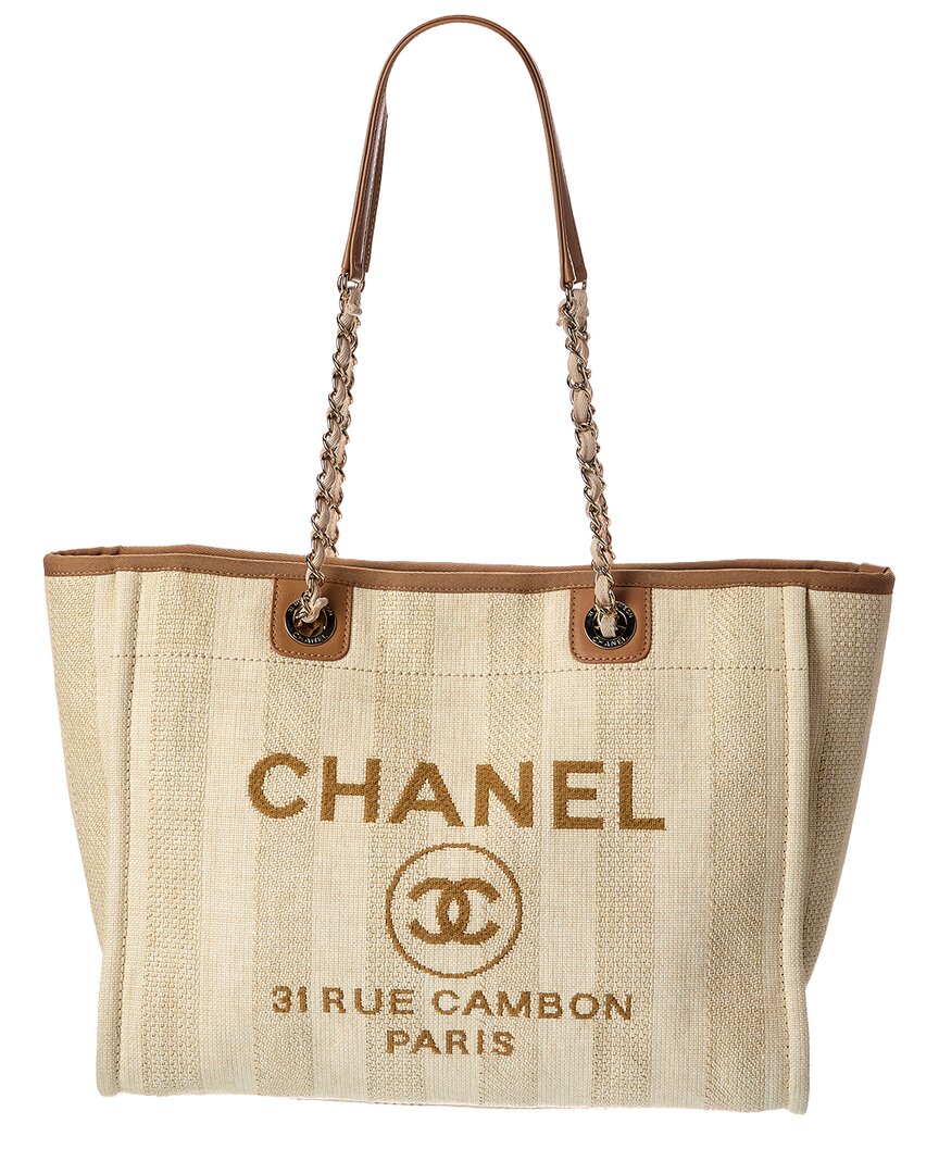 Chanel Beige Mixed Fibers & Calfskin Striped Small Deauville Tote (Authentic