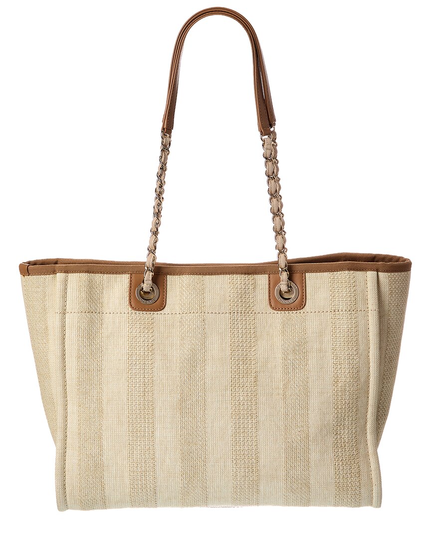 Chanel Beige Mixed Fibers & Calfskin Striped Small Deauville Tote (Authentic