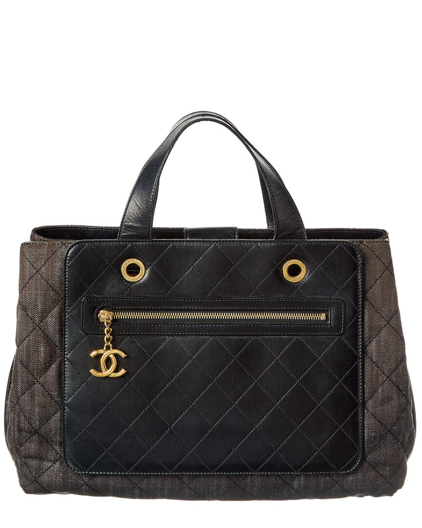 Chanel Black Denim Calfskin Leather Denim Quilted Tote (   )