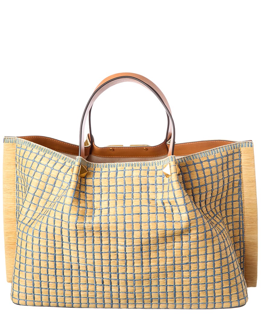 Valentino Vlogo Signature Raffia & Leather Tote