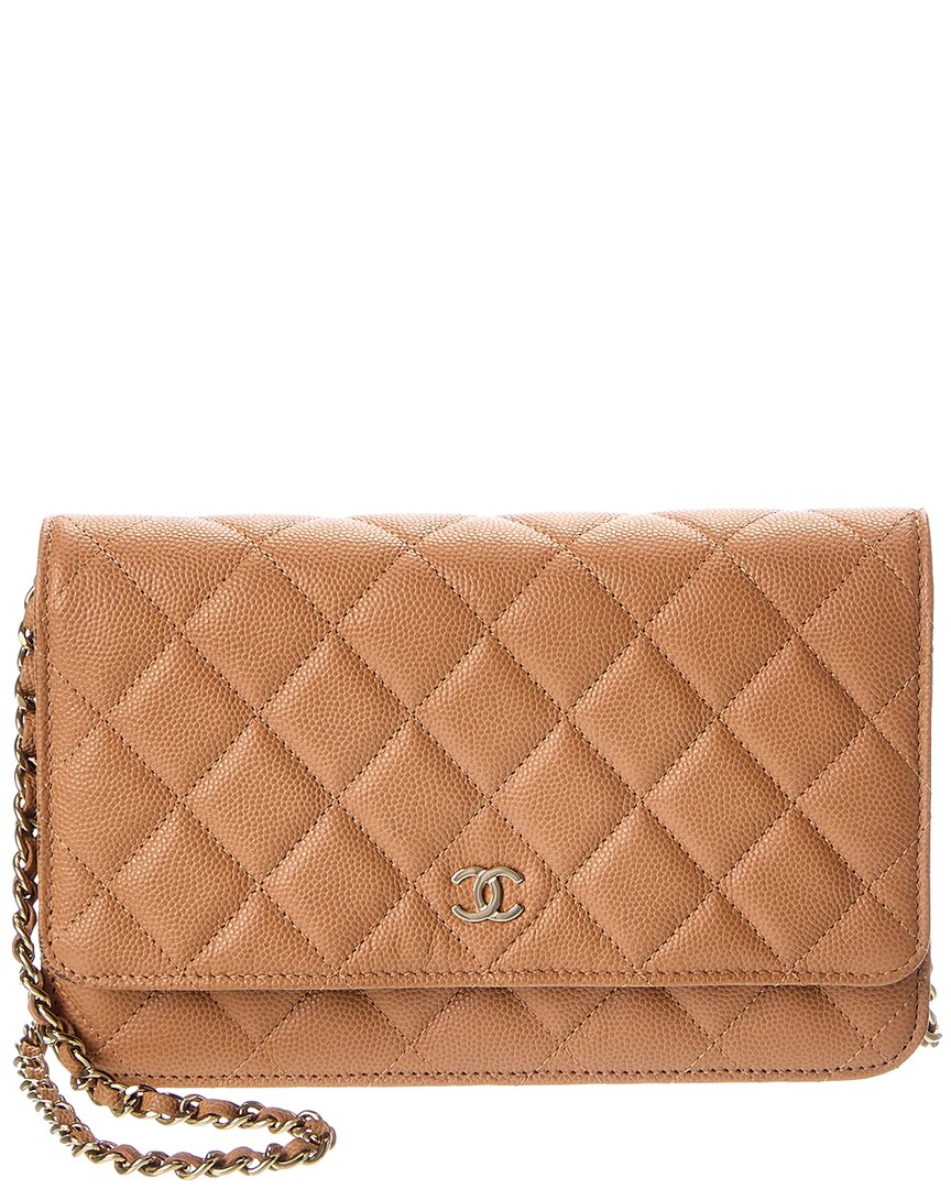 Chanel Beige Quilted Caviar Leather Wallet On Chain (Authentic  )
