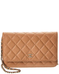 Chanel Beige Quilted Caviar Leather Wallet On Chain (Authentic  )