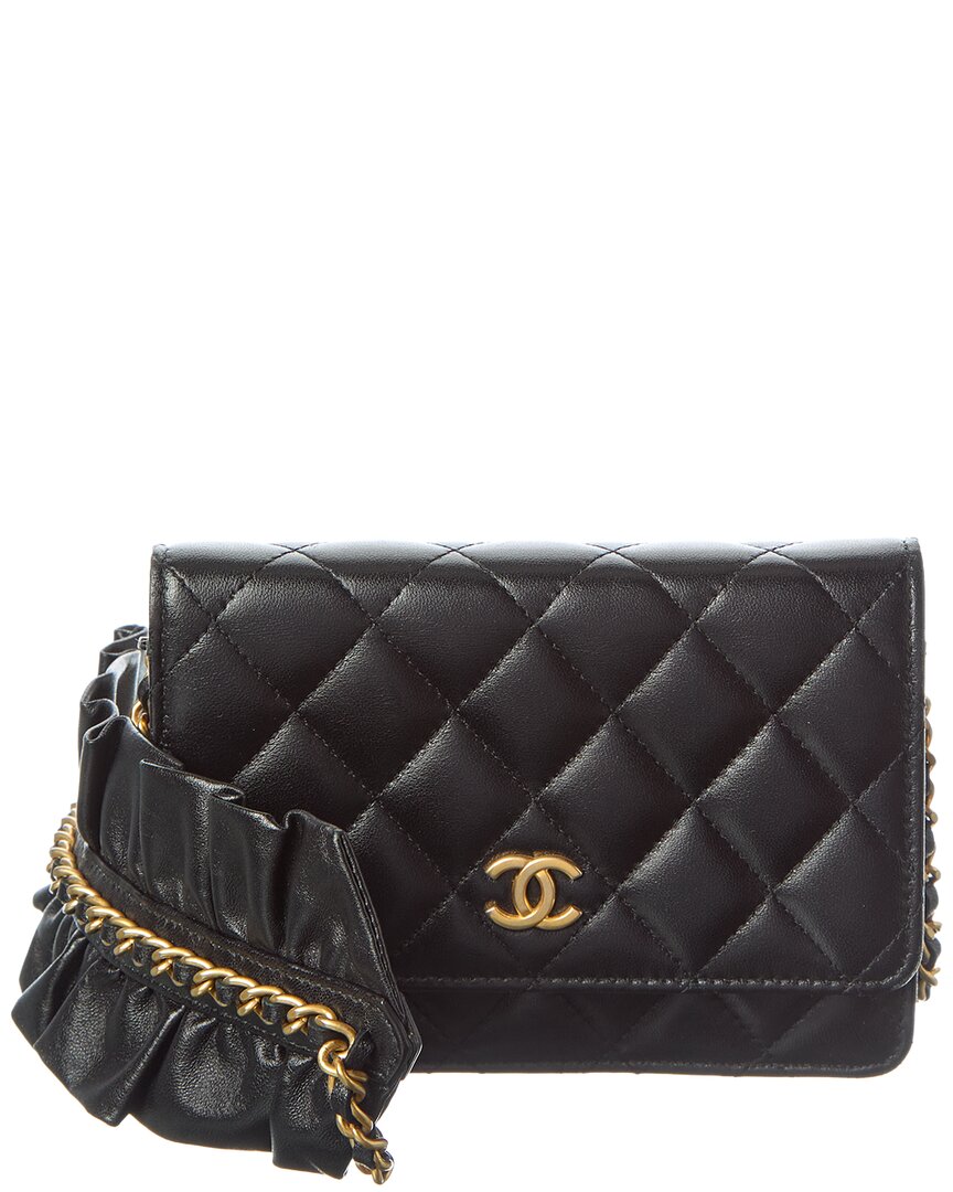 Chanel Black Lambskin Leather Quilted Mini Romance Wallet On Chain (