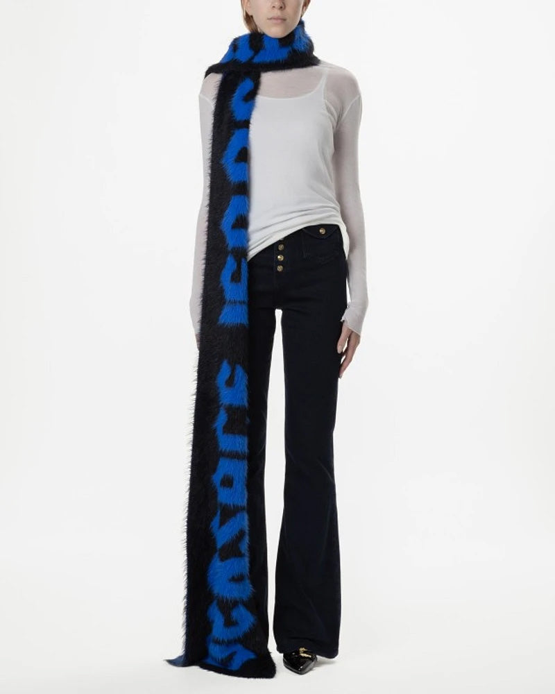Versace Jeans Couture Bold Blue & Black Oversized Faux Fuzzy Fur Scarf