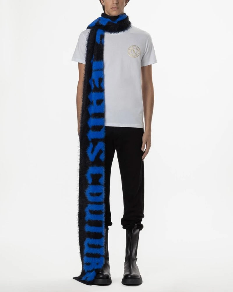 Versace Jeans Couture Bold Blue & Black Oversized Faux Fuzzy Fur Scarf