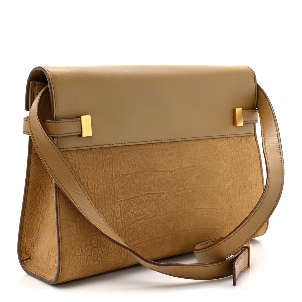 Smooth Calfskin Suede Crocodile Embossed Manhattan Shoulder Bag Tan