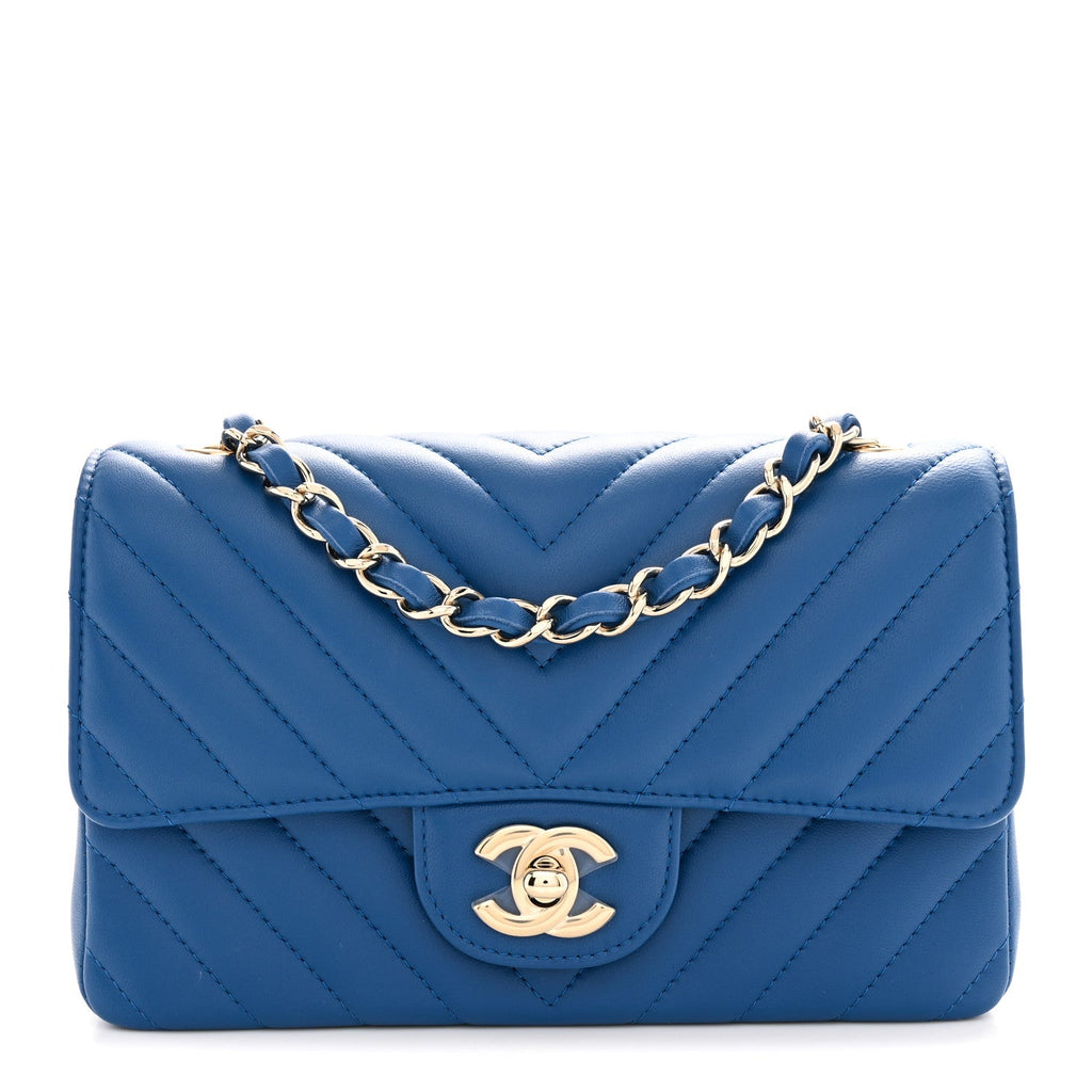 Lambskin Chevron Quilted Mini Rectangular Flap Dark Blue
