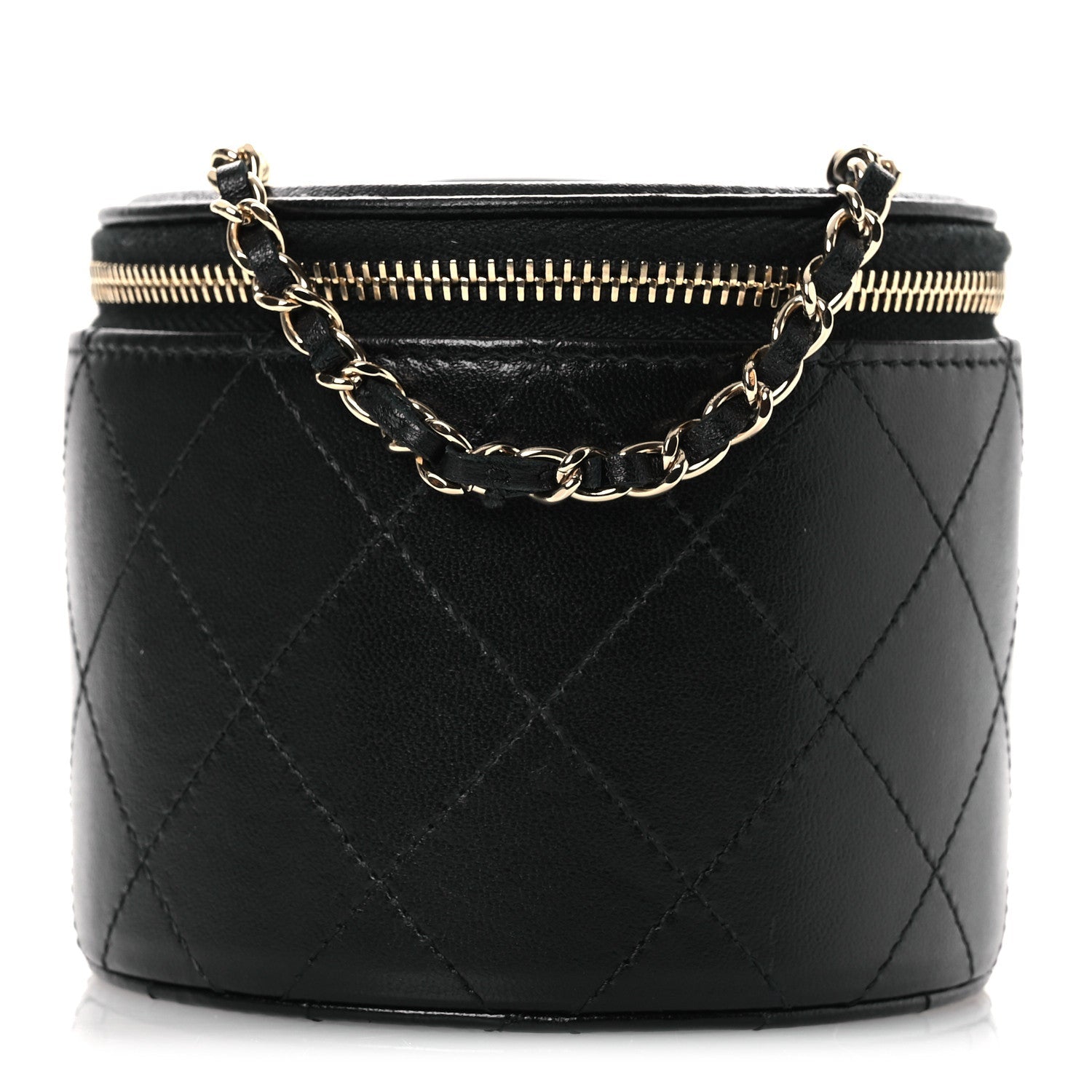 Lambskin Quilted Round Small Vanity Case With Chain Black