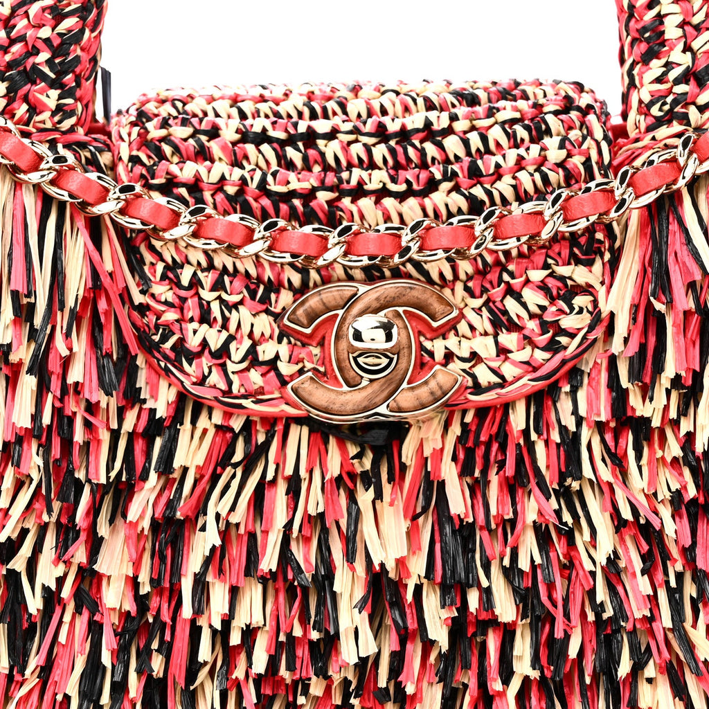 Raffia Fringe Nano Kelly Shopper Red Beige Black