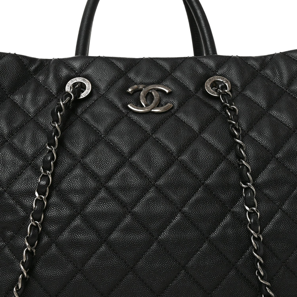 Caviar Quilted Large Coco Handle Shopping Tote Black