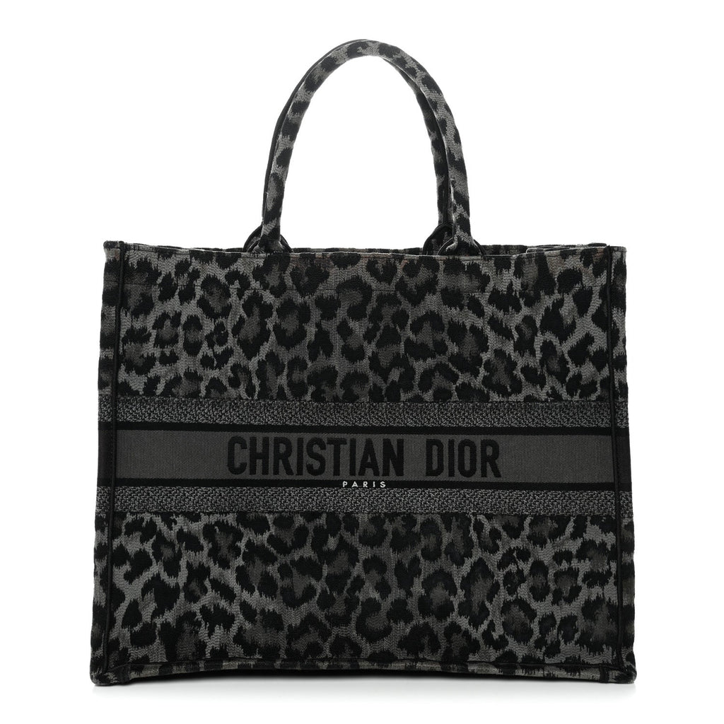 Canvas Mizza Embroidered Large Leopard Book Tote Grey