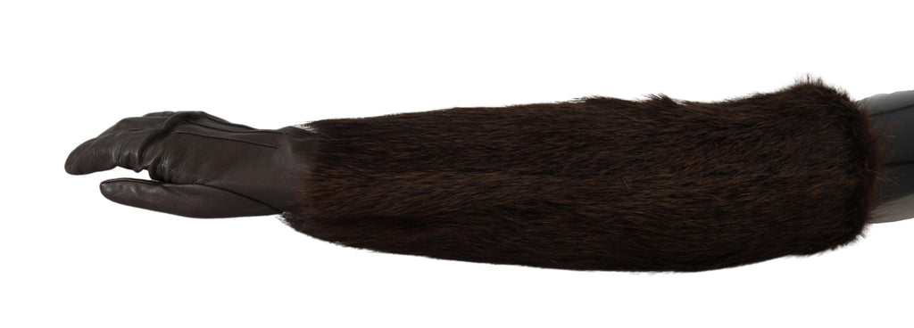 Dolce & Gabbana Brown Elbow Length Mittens Leather Fur Women's Gloves