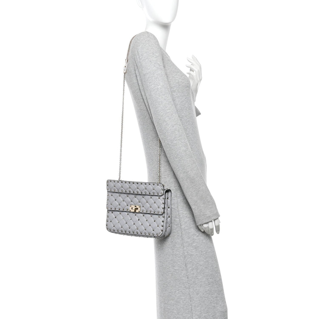 Craquele Nappa Medium Rockstud Spike Shoulder Bag Pastel Grey