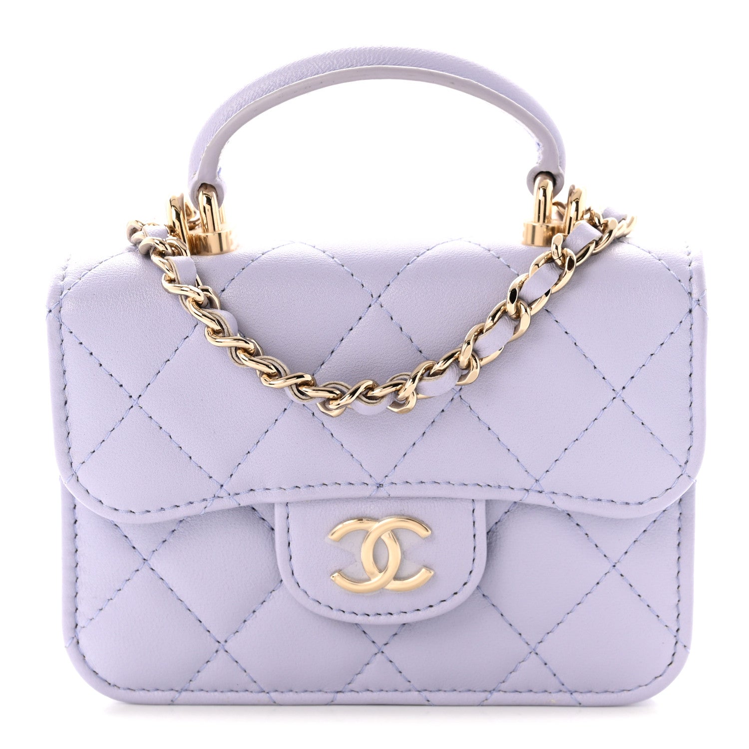 Lambskin Quilted Top Handle Flap Coin Purse With Chain Light Purple