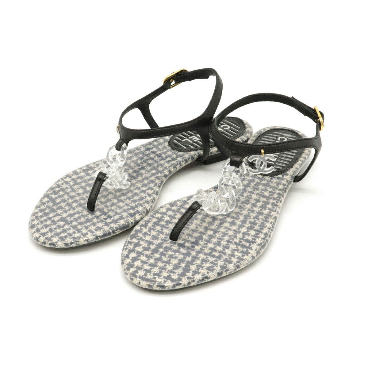 Chanel Tweed Leather Rubber Coco Mark Chain Sandals G27040