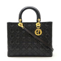 Christian Dior Leather Lady Dior 2way Handbag Black Gold Hardware