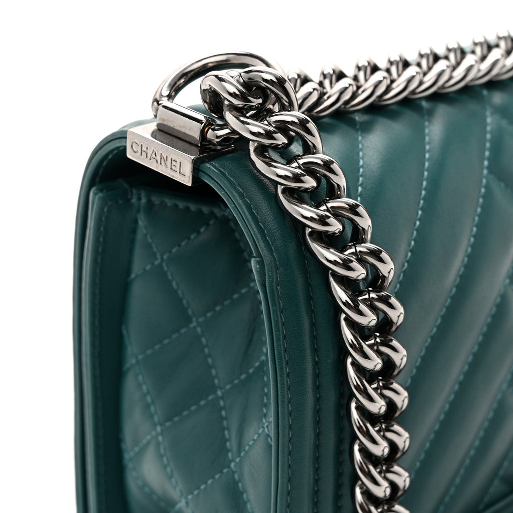 Calfskin Chevron Quilted Medium Boy Flap Turquoise