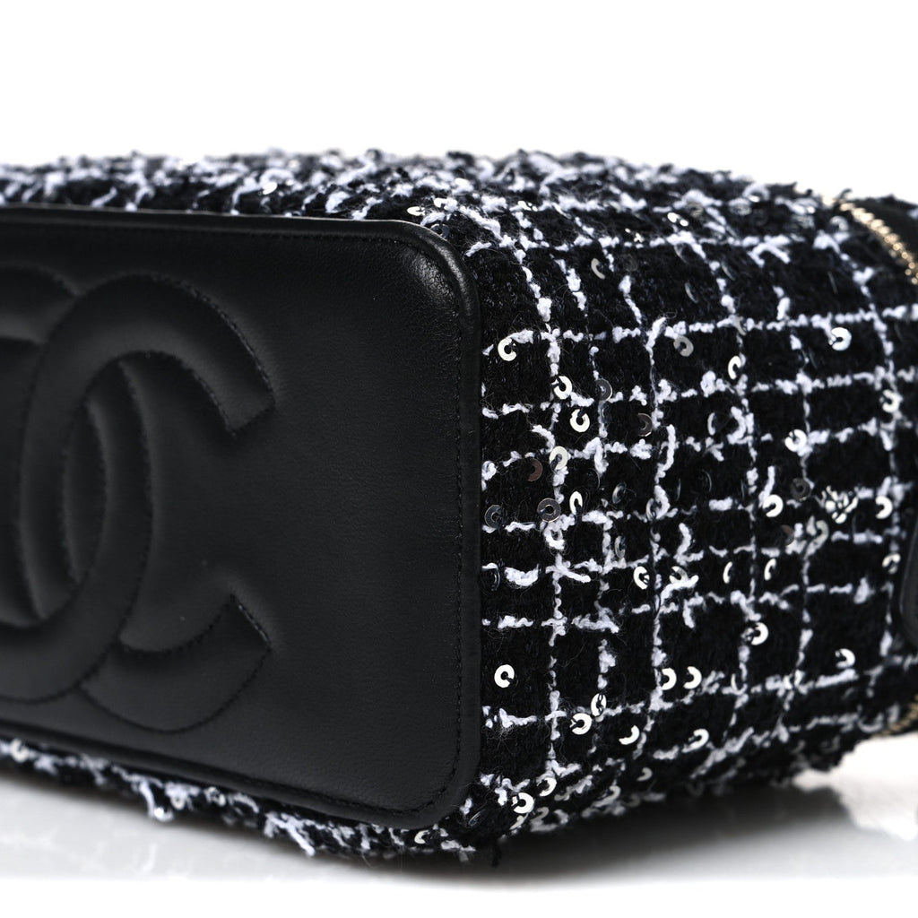 Tweed Sequin Small Top Handle Vanity Case With Chain Black White